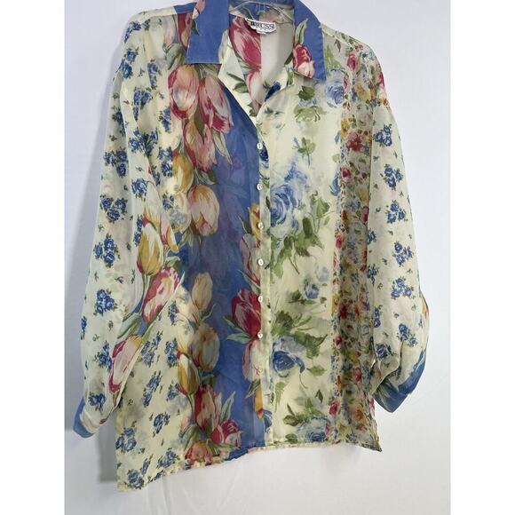 Vintage Sheer Chiffon Blouse Floral Print Boho Garden Button Down S/M - Picture 2 of 11